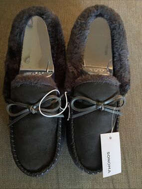 Sonoma Black Faux-Fur Lined Moccasin Slippers with Bow, nwt sz 10-11, xxl